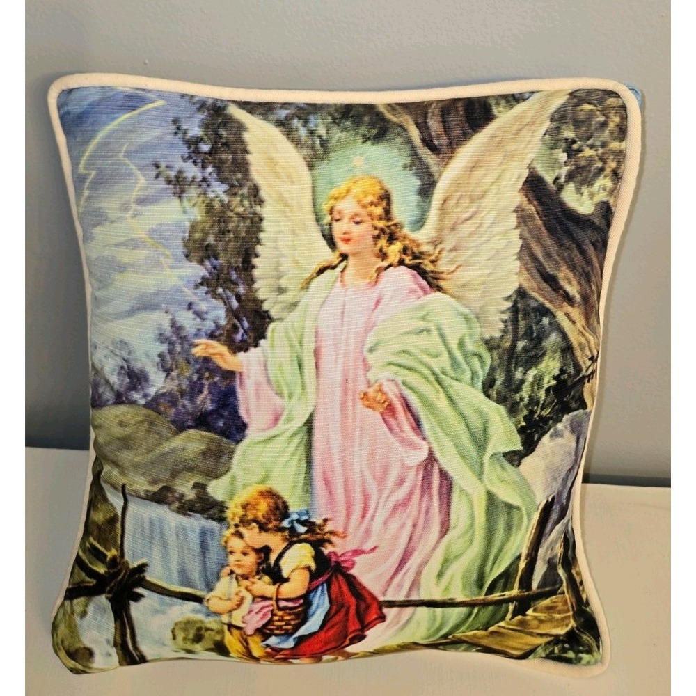 Vintage Guardian Angel Children‎ on Bridge Over Falls pillow 13 x 15